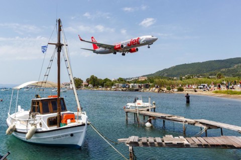 A Boeing 737-800 Jet2 aircraft with registration G-JZBU at Skiathos Airport, Greece, Europe