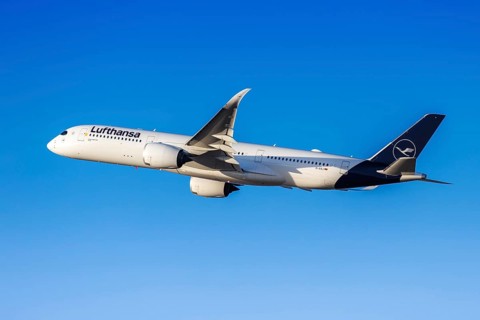 A Lufthansa Airbus A350-900 aircraft with the registration D-AIXJ at the airport in Munich,