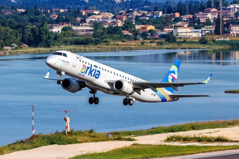 An Arkia Embraer 190 aircraft with the registration number 4X-EMC at Corfu Airport, Greece, Europe