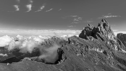 The peaks Sas Rigais and Furchetta of the Geisler group, W Drone image, black and white image, Val