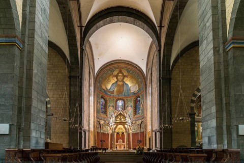 Interior view, Romanesque monastery church, Benedictine Abbey Maria Laach, Eifel,