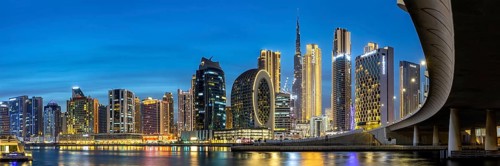 Dubai Burj Khalifa skyline tallest building in the world downtown at night panorama in Dubai,