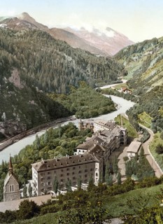 Lower Engadine, Tarasp, spa hotel and church, Graubuenden, Switzerland, Historical, digitally
