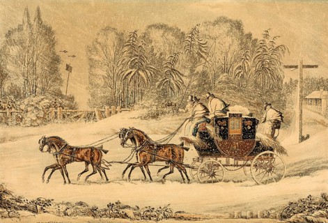 The stagecoach in a snowstorm, 1850, England, Historical, digitally restored reproduction from a