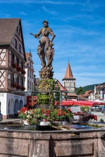 The market square fountain, Röhrbrunnen, with a knight on the shield the city coat of arms, behind