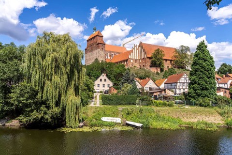 City moat and the Havelberg Cathedral of St Mary, Havelberg, Saxony-Anhalt, Germany, Europe