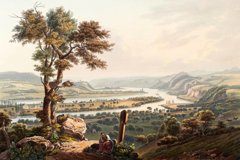 View from Karthaus to Stolzenfels Castle in the Middle Rhine Valley in Koblenz,