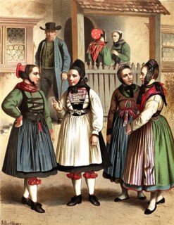Traditional costumes in Germany around 1820, Grand Duchy of Hesse, Biedenkopf, Four young woman in