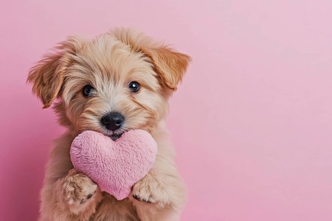 Cute dog holding plush heart in front of pink background with copy space. Generative Ai, AI