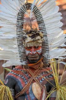 Portrait, warrior with feather decoration and body painting in the village of Upovia, Lake Murray,