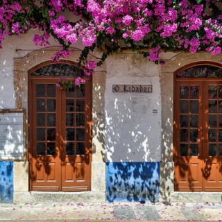 Façade decorated with flowers in the medieval village of Óbidos, Portugal, Europe