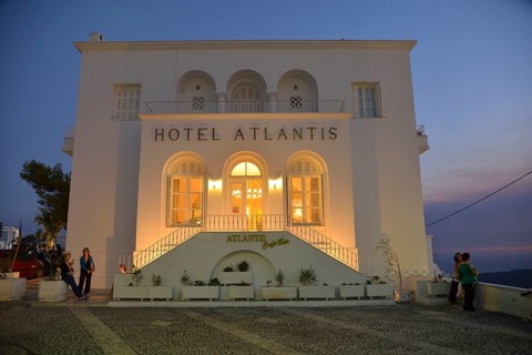Atlantis Hotel at dusk, Firá, Thira, Santorin, Cyclades, Greece, Europe