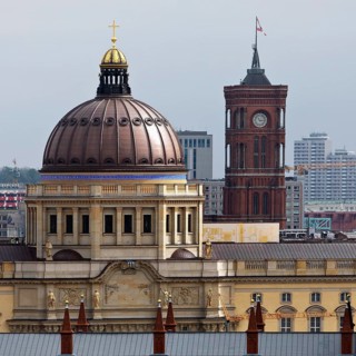 Humboldt Forum and Rotes Rathaus above the rooftops of the city, Berlin, Germany, Europe