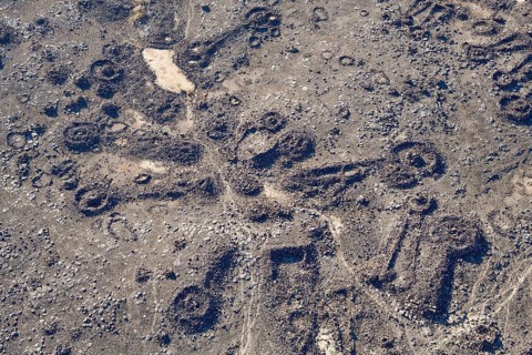 Neolithic stone ritual buildings, so-called mustatils, aerial view, near Khaybar, Medina province,