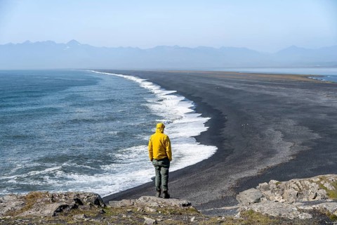 Tourist looking over long black sand beach, Reynisfjara Beach, South Iceland, Iceland, Europe