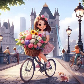Cute anime girl on bicycle with flowers in the city of London. AI generated