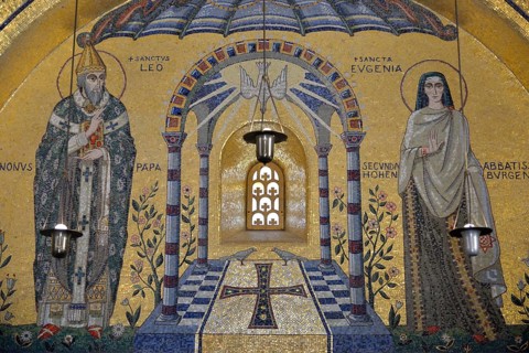 Mosaic wall in the Chapel of Tears, Odilien monastery on Odilien mountain in Ottrott, Département