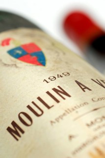 Old wine bottle, label 'Moulin a Vent' 1949, bottle label, old wine
