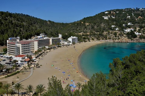 Cala San Vicente town and beach, Ibiza, Balearic Islands, Spain, Europe