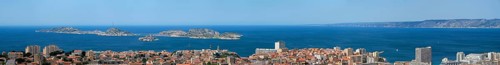 View of Marseille town and Chateau d'If castle famous historical fortress and prison on island in