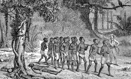 Slaves crossing a forest of the dead, slave hunters in the Congo in 1868, Historic, digitally