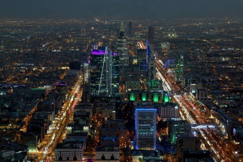 Panoramic view from the Sky Bridge, blue hour, Kingdom Center, Riyadh, Saudi Arabia, Asia