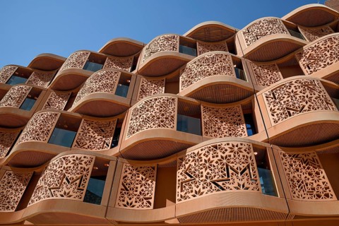 House facade, Masdar City urban development project, first emission-free eco-city, Emirate of Abu