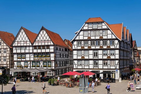 Im wilden Mann restaurant, half-timbered houses on the market square, old town, Soest, North