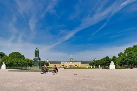 Karlsruhe, Germany, August 2021: Town square called 'Schlosplatz' in front of baroque Karlsruhe