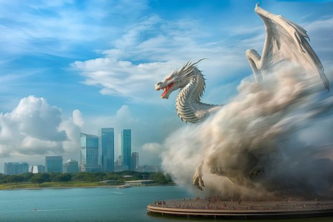 White dragon running in clouds over a modern city, AI Generated