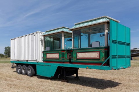 Truck semi-trailer, loaded with two ticket booths of an amusement ride, Rheinkirmes superstructure,