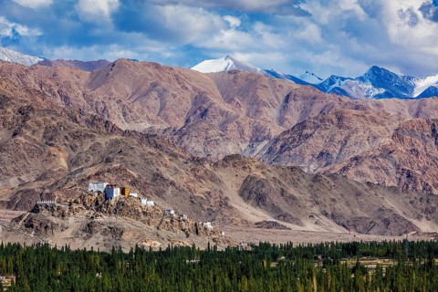 Thiksey gompa Buddhist monastery in Himalayas. View from Shey palace. Ladakh, India, Asia