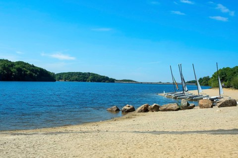 Lake of Lastioulles. Artificial lake of 125 hectares. Hydroelectric network of the Dordogne basin.