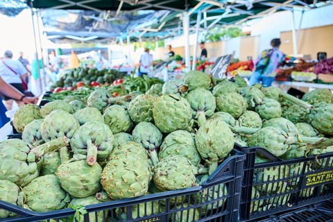 Market stall with fruits and vegetables on a weekle market near Tarragona, Catalonia, Spain, Europe