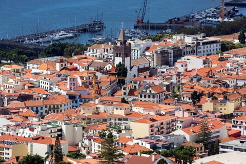 View from the botanical garden in Funchal, Jardim Botanico, to the city of Funchal, Madeira,