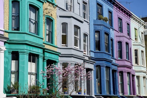 Colourful house facades on Lancaster Road, detail, Notting Hill, London, England, United Kingdom,