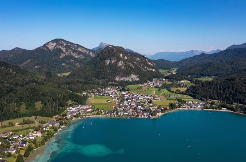 Drone shot, panorama shot, Fuschlsee, Fuschl am See, Alpine foothills, Salzkammergut, Land