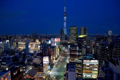 City view with the Skytree, with 634 meters the highest television tower of the earth, blue hour,