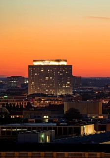 Charité bed tower in Abendrot, Berlin, Germany, Europe