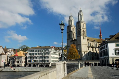 Münster Bridge over the Limmat, -Church, Church Grossmünster, Zurich, Canton Zurich, Switzerland,