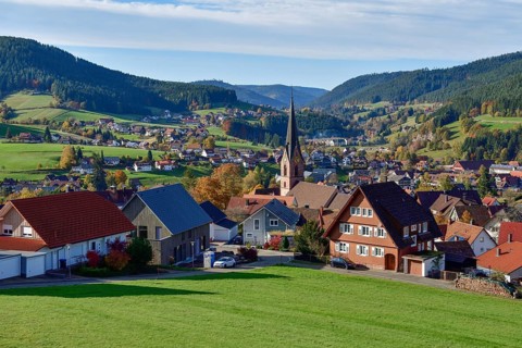 View of Baiersbronn with St. Mary's Church, Freudenstadt district, Black Forest, Baden-Württemberg,