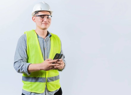Smiling engineer holding phone looking at camera. Latin male engineer using phone isolated. Young