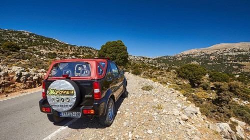 Lassithi plateau, Katharo plateau, road, jeep, Machia, cloudless blue sky, Lassithi, East Crete,