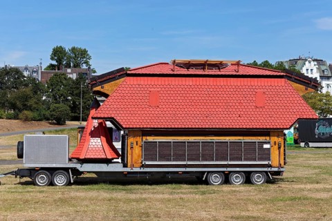 Truck trailer, loaded with the roof of a funfair stand, Rheinkirmes superstructure, Düsseldorf,