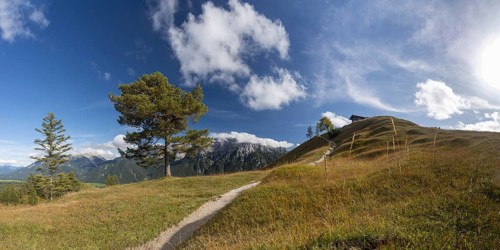 Panorama from Hoher Kranzberg, 1397m onto the cloudy Karwendel Mountains, Werdenfelser Land, Upper