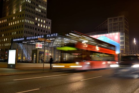 Double-decker bus at Potsdamer Platz square at night, Berlin, Germany, Europe