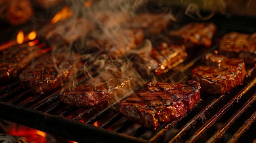 Several beef steaks sizzling on the BBQ. generative AI, AI generated