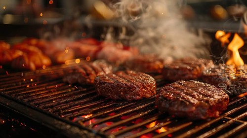 Several hamburgers sizzling on the BBQ. generative AI, AI generated