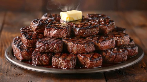 Plate with A stack of several grilled steaks with butter on top. generative AI, AI generated