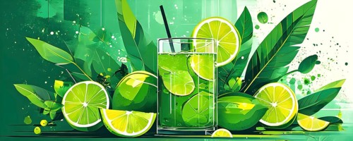 Abstract wallpaper composition with bottle of delicious green detox juice and fruits and